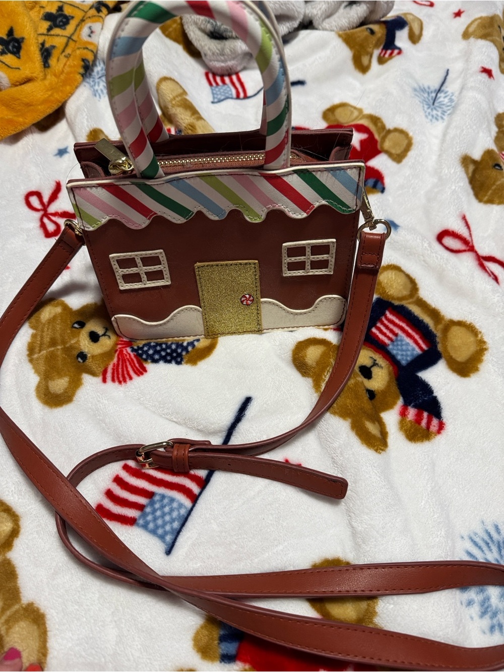 Savvy Gingerbread House Crossbody in Brown with Multicolor Handle